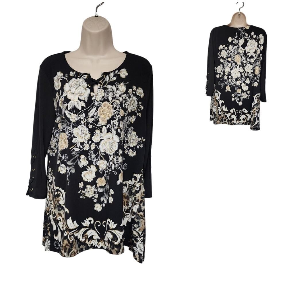 JM Collection Womens Round Neck Floral Tunic Blouse Black & Beige Size Medium